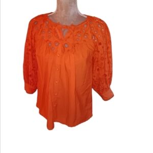 Anthropologie ~ Chantal Eyelet Puff Sleeve Blouse – Neon Orange XS